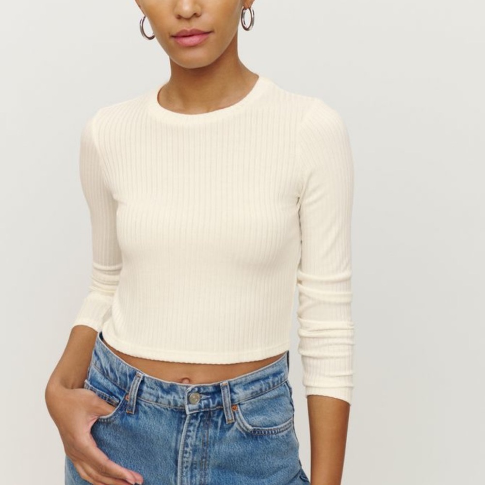 Reformation Cream Ribbed Jackie Knit Crop Top Medium